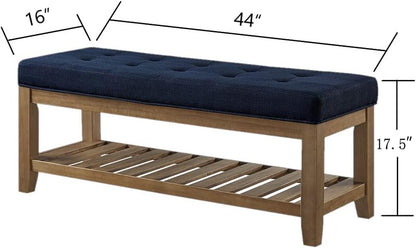 Large Rectangular Upholstered Tufted Linen Fabric Ottoman Bench, Padded Bench with Solid Wood Shelf-Navy Blue
