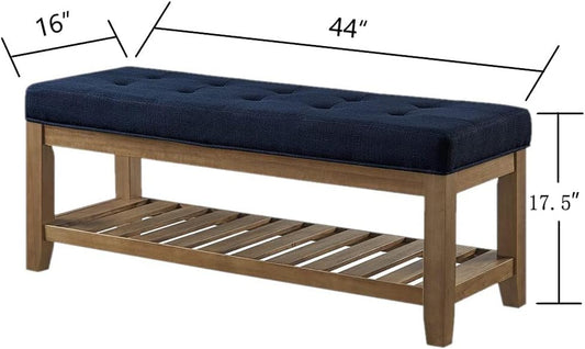 Large Rectangular Upholstered Tufted Linen Fabric Ottoman Bench, Padded Bench with Solid Wood Shelf-Navy Blue
