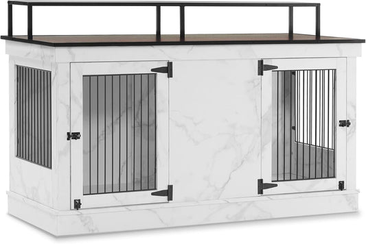 Large Dog Crate Furniture TV Stand, Wooden Pet Kennel with Double Doors, Indoor Furniture Style Dog House End Table, 1861 (White)