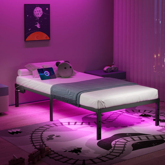 Twin Bed Frame with LED Lights & Charging Station - 14 Inch Heavy Duty Metal Platform Bed Frame No Box Spring Needed, Easy Assembly, No Noise