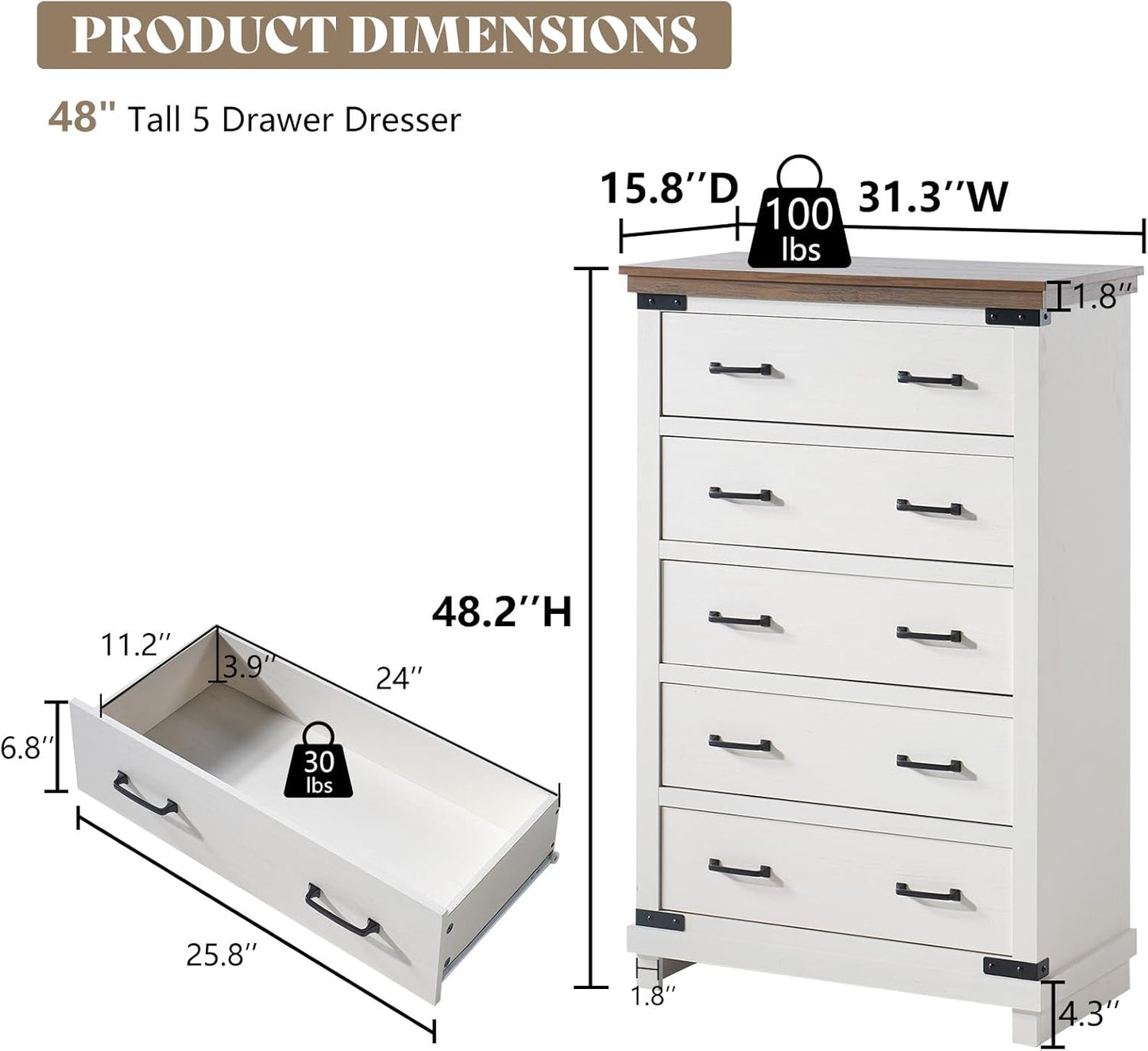 5-Piece Farmhouse Bedroom Set, Includes Wood Rustic King Bed Frame with 54" Tall Headboard, 6 Drawer Dresser Chests, 5 Drawers Tall Dresser, Nightstands Set of 2 with Charging Station, White