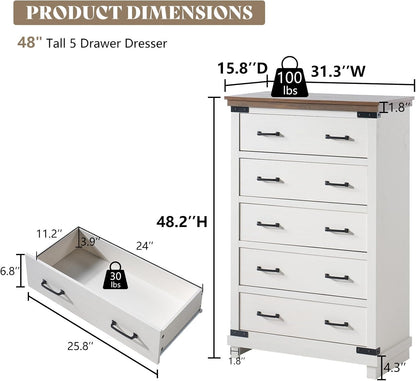 5-Piece Farmhouse Bedroom Set, Includes Wood Rustic King Bed Frame with 54" Tall Headboard, 6 Drawer Dresser Chests, 5 Drawers Tall Dresser, Nightstands Set of 2 with Charging Station, White