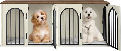 88.4" Dog Crate Furniture for 2 Dogs, Heavy Duty Indoor Dog Kennel TV Stand, XXL Wooden Dog Cage with Divider for Medium Large Dogs, End Table Dog Crate with Cushion, Greige Black DFC84005BV1