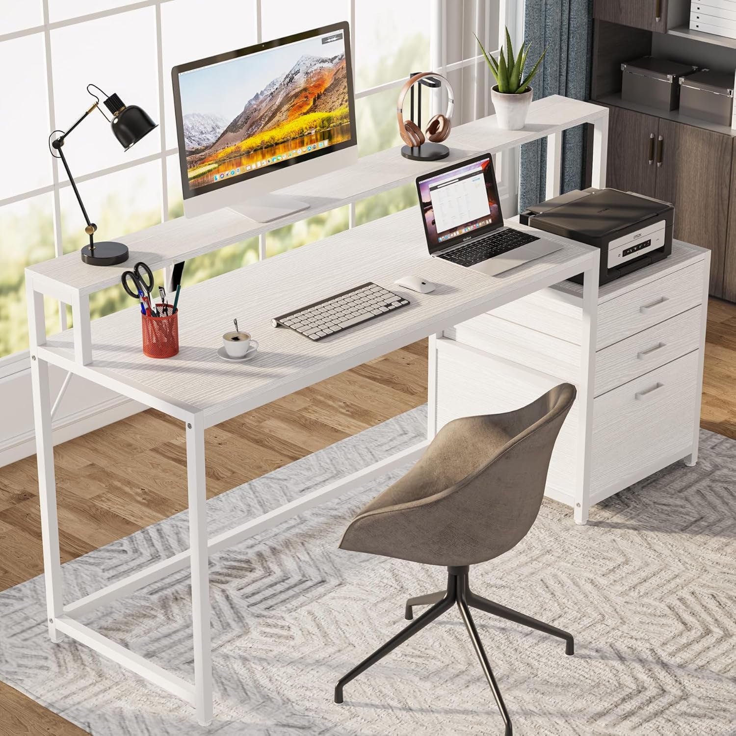 63 Inch Computer Desk with File Drawer Cabinet, Ergonomic Office Desk with Monitor Stand, Computer Table with Printer Space, Wood PC Table Workstation Desk for Home Office, White