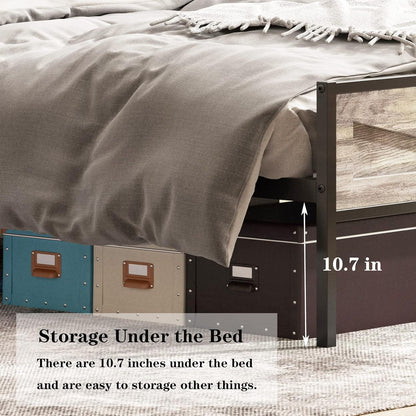 LED Full Size Bed Frame with Charging Station, Platform Metal Bed with Headboard Storage & USB Ports Outlets, Farmhouse Bed Frame with Lights for Bedroom, Noise Free, Wash Grey (Full)
