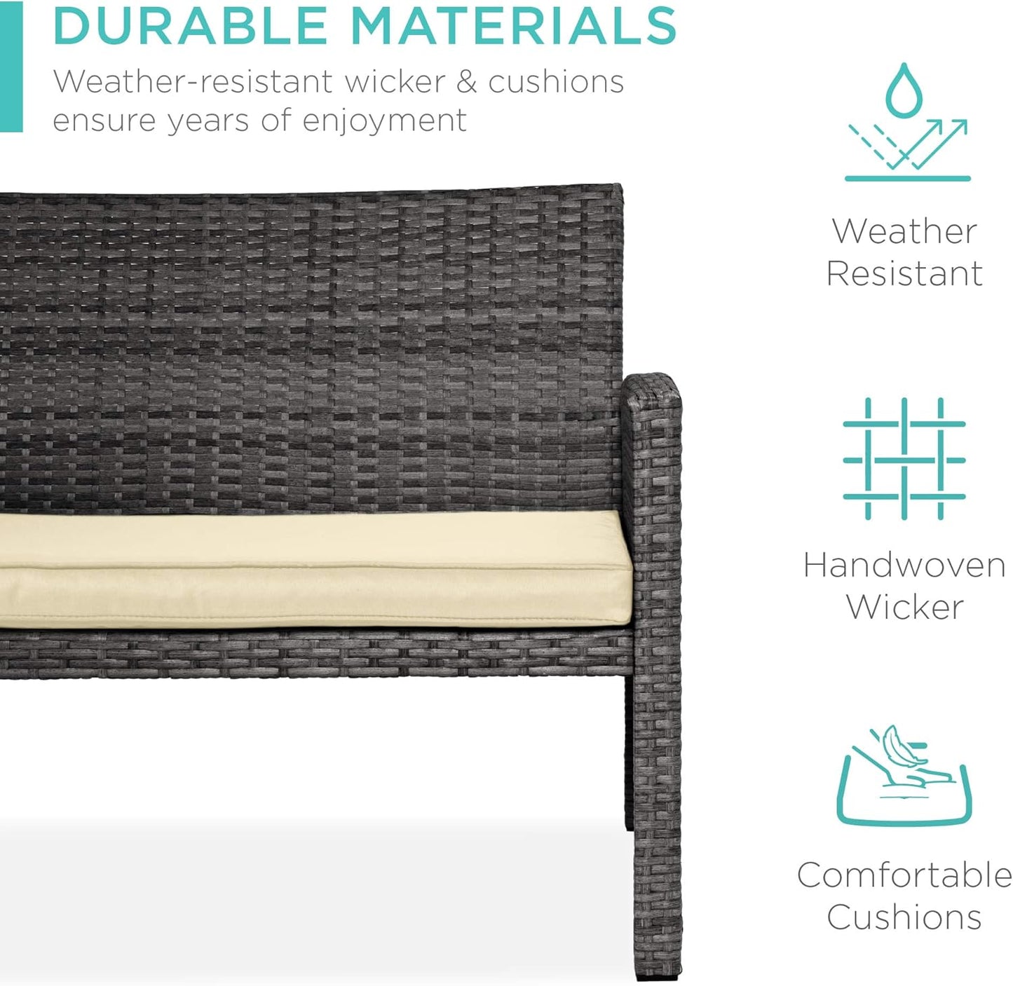 4-Piece Outdoor Wicker Patio Conversation Furniture Set for Backyard W/Coffee Table, Seat Cushions - Gray/Cream