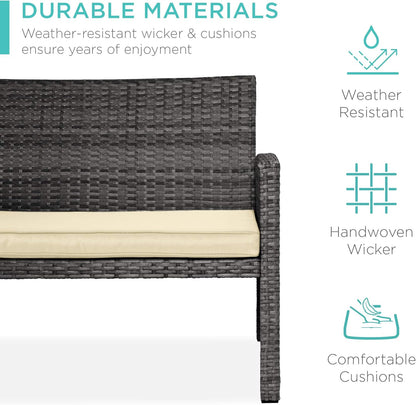 4-Piece Outdoor Wicker Patio Conversation Furniture Set for Backyard W/Coffee Table, Seat Cushions - Gray/Cream