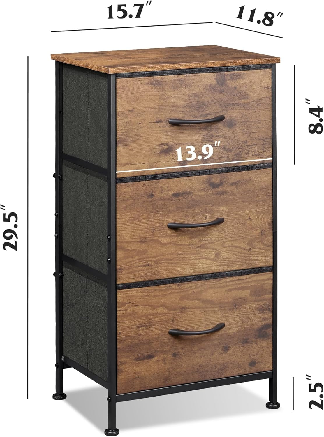 Dresser with 3 Drawers, Fabric Nightstand, Organizer Storage Dresser for Bedroom, Hallway, Entryway, Closets, Sturdy Steel Frame, Wood Top, Easy Pull Handle, Rustic Brown Wood Grain Print