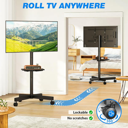 Mobile TV Stand for 23-60 Inch LCD LED Flat/Curved Panel Screen Tvs up to 88 Lbs, Rolling TV Stand with Adjustable Shelf & Tilt, Portable Floor Stand on Wheels for Bedroom, Living Room, Office