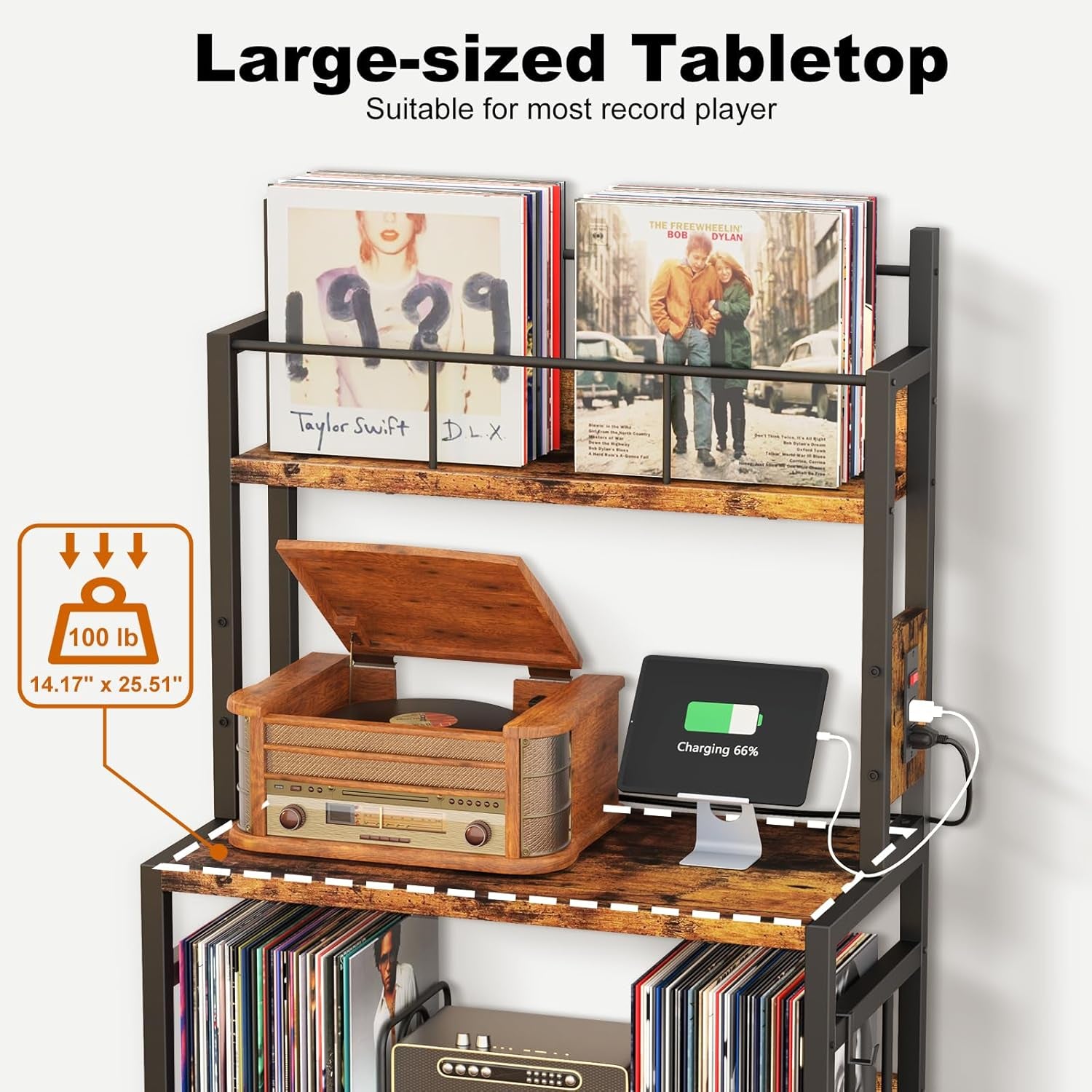 Record Player Stand with Vinyl Storage, Turntable Stand Holds up to 300 Albums, Large Record Player Table with Charge Station, Vinyl Record Stand for Living Room