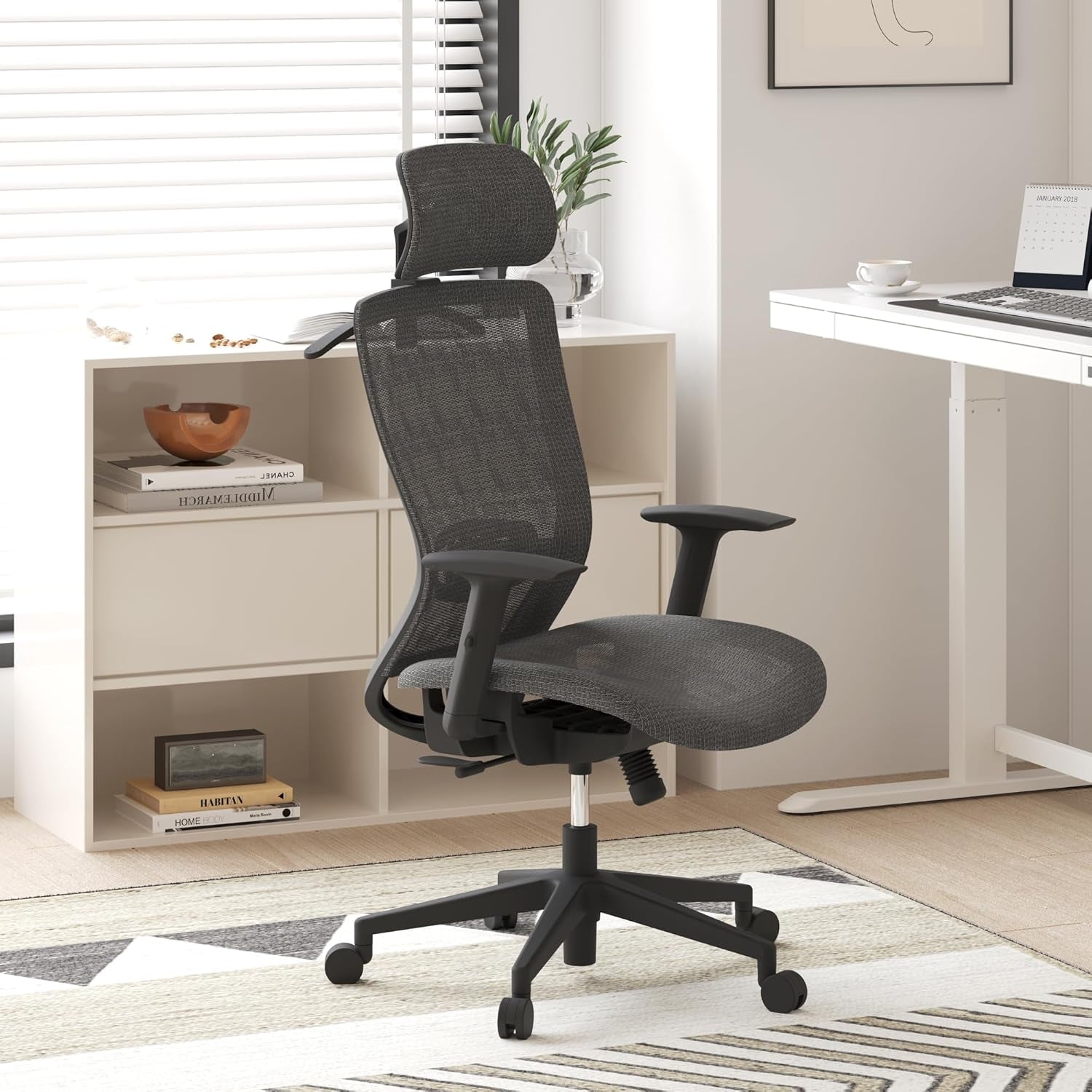 Ergonomic Office Chair, High Back Mesh Swivel Computer Chair, Executive Office Desk Chairs, with Adjustable Lumbar Support/2D Headrest/Lockable Backrest, OC3 Mesh Seat, Gray