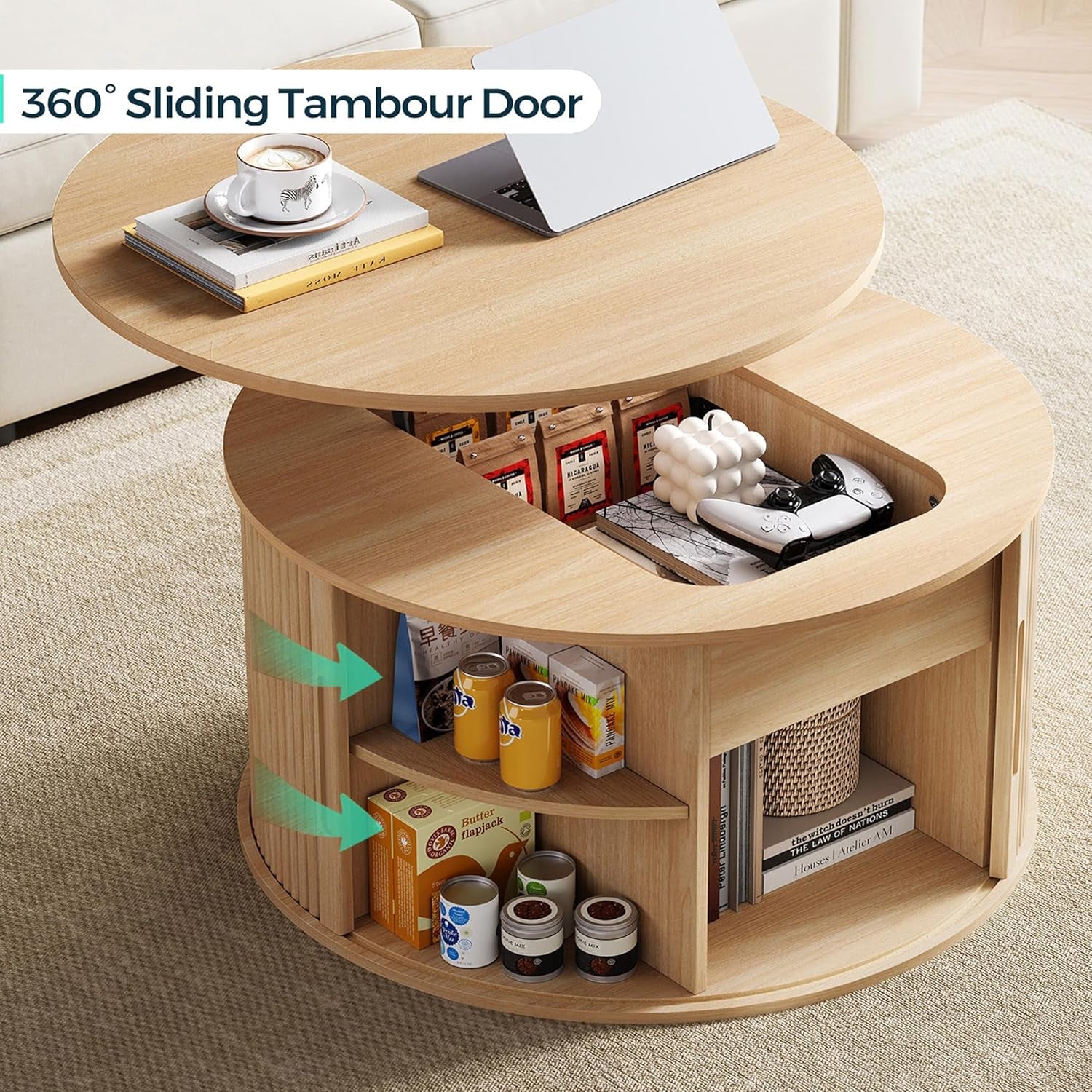Lift Top Coffee Table, round Fluted Coffee Table with Storage, Boho Wooden Coffee Tables with Sliding Tambour Door, 31.5" Center Table for Living Room, Office, Small Space, Natural Oak