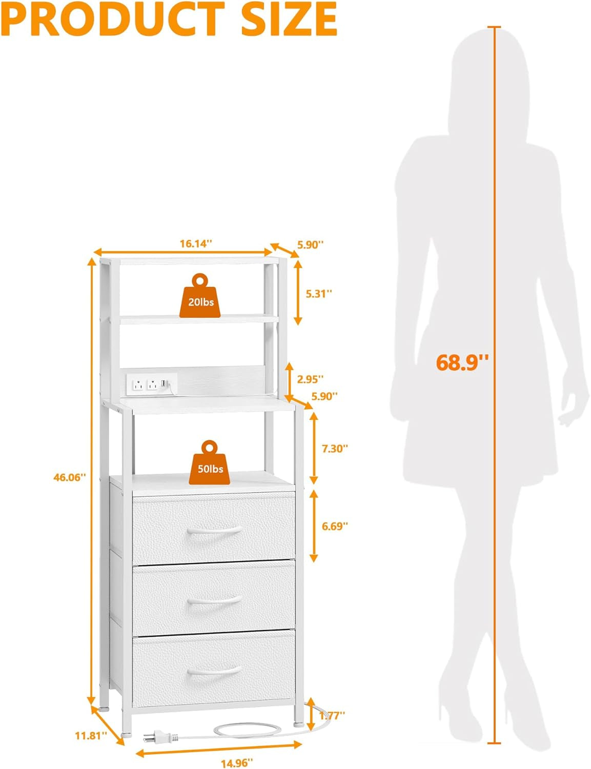 Night Stand, White Bedside Nightstand with 4-Tier Shelves and 3 Fabric Drawers, LED Bed Side Tables with Charging Station, Tall Dresser for Bedroom, Hallway, Office