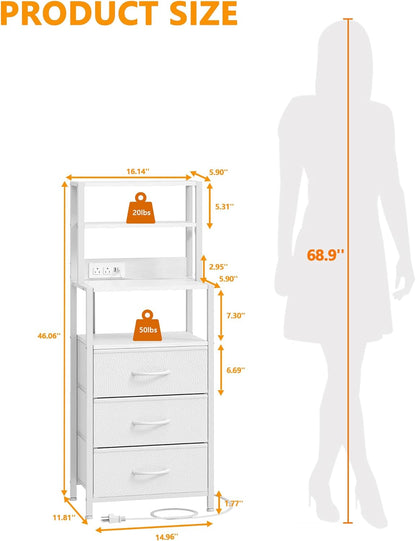 Night Stand, White Bedside Nightstand with 4-Tier Shelves and 3 Fabric Drawers, LED Bed Side Tables with Charging Station, Tall Dresser for Bedroom, Hallway, Office