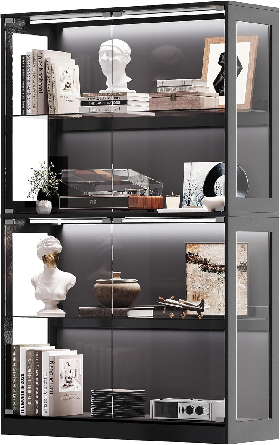 RGB Display Cabinet with Adjustable Glass Shelves, 4-Tier Storage Case with LED Lights & Press-To-Open Doors, Modern Display Shelf for Collectibles, Black 70" H×45" L×16" D