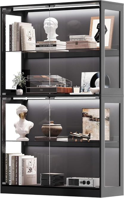 RGB Display Cabinet with Adjustable Glass Shelves, 4-Tier Storage Case with LED Lights & Press-To-Open Doors, Modern Display Shelf for Collectibles, Black 70" H×45" L×16" D