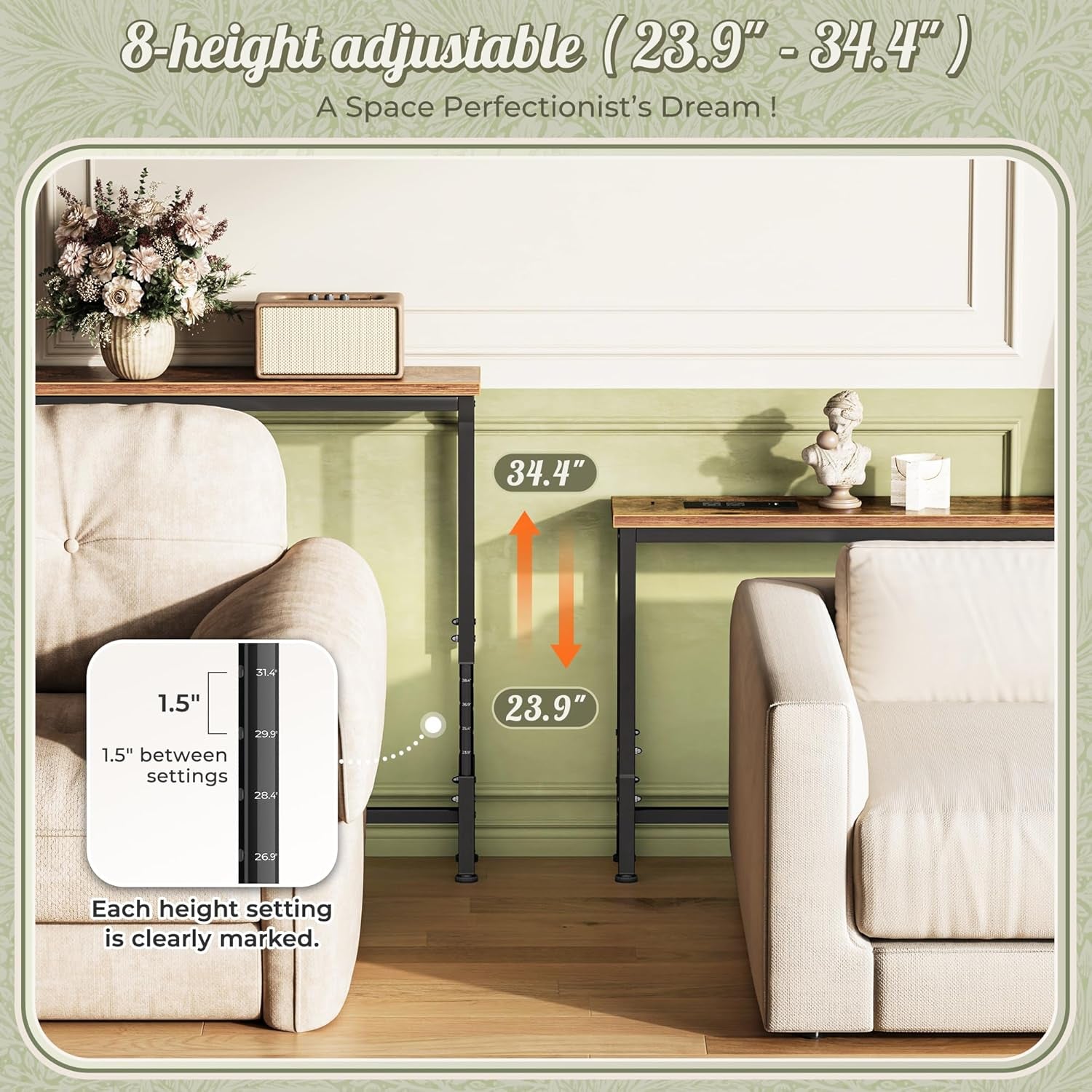 102.4 Inch Sofa Table with Power Outlets, 23.9’’-34.4’’ Height Adjustable Range, behind Couch Table with USB-C Ports, Sofa Tables Narrow Long, Skinny Console Table, Small Spaces, Rustic Brown