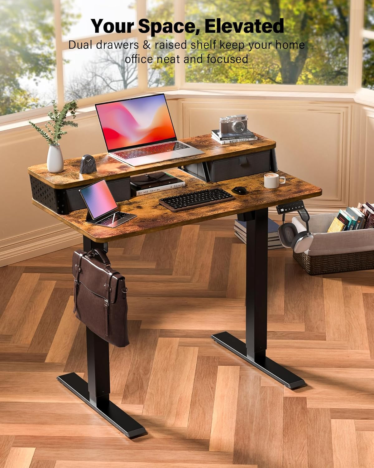 Standing Desk with Drawers,C-Clamp Mount Compatible,35X20 Inch Electric Adjustable Height Computer Small Stand up Desks, Home Office Sit Stand Table with 3 Preset Heights, Rustic Brown