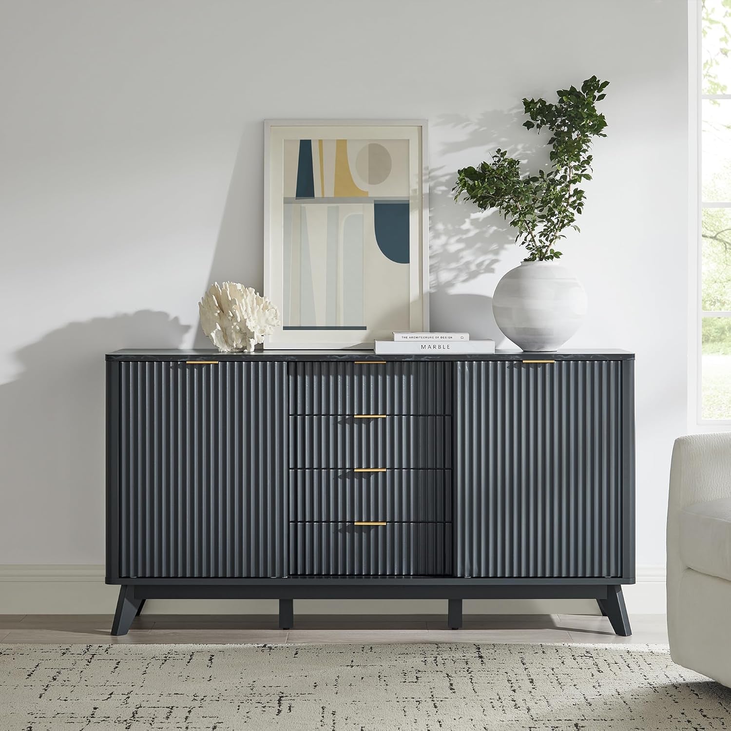 Fluted Buffet Cabinet, 60" Modern Sideboard with Sliding Doors & 4 Drawers, Coffee Bar Table with Storage, Faux Marble Top and Curved Profile Design for Dining Room, Living Room, Dark Grey