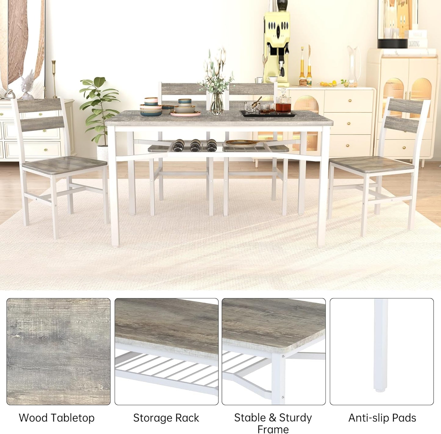 Dining Table Set for 4, Wood Kitchen Table Chairs Set with Storage, Farmhouse 5 Piece Dining Room Table Set, Space-Saving Dinette Set for Breakfast Nook, Apartment