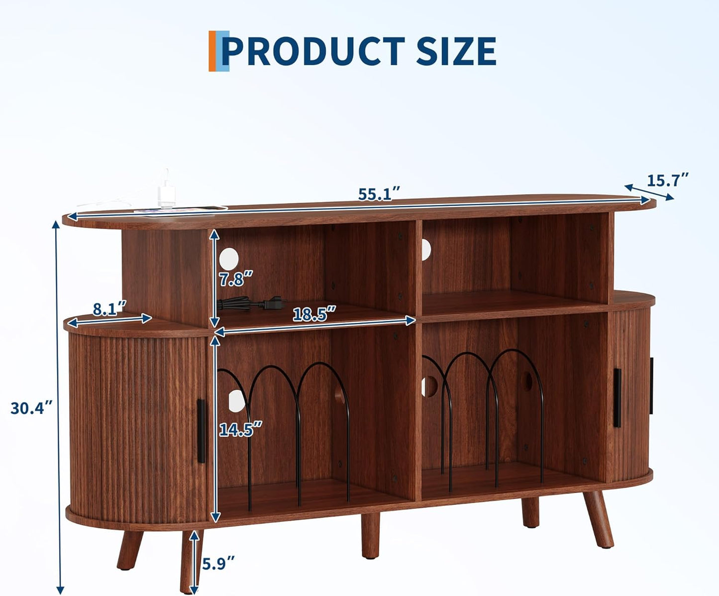 55" Large Record Player Stand with Vinyl Storage – round Mid-Century Record Player Table Rustic Turntable Stand with Open Display Shelves, Charging Station, Media Cabinet for Office & Home