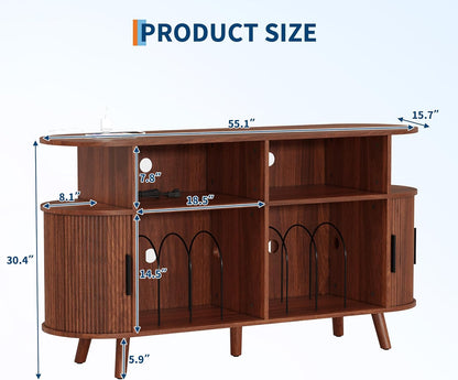 55" Large Record Player Stand with Vinyl Storage – round Mid-Century Record Player Table Rustic Turntable Stand with Open Display Shelves, Charging Station, Media Cabinet for Office & Home