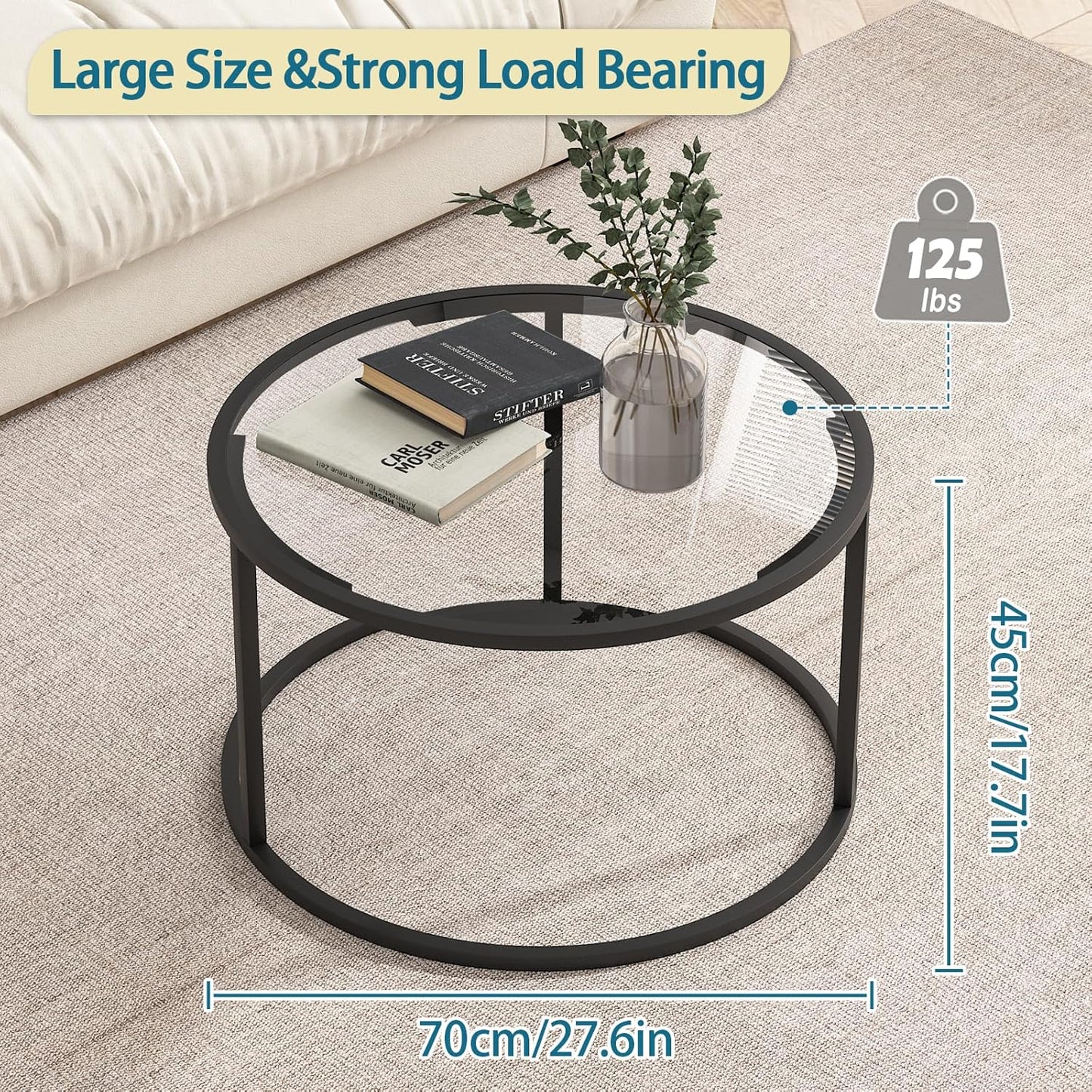 Round Coffee Table,Small Black Coffee Table for Living Room,27" Modern Center Table,Glass Top Clear Coffee Table with Sturdy Metal Frame for for Living Room Home Office, Easy Assembly,Black