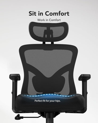 Ergonomic Office Chair, High Back Mesh Chair for Big and Tall People with Lumbar Support, Adjustable Headrest and Armrest, Thick Cushion & Tilt Function Recliner for Home Office Black