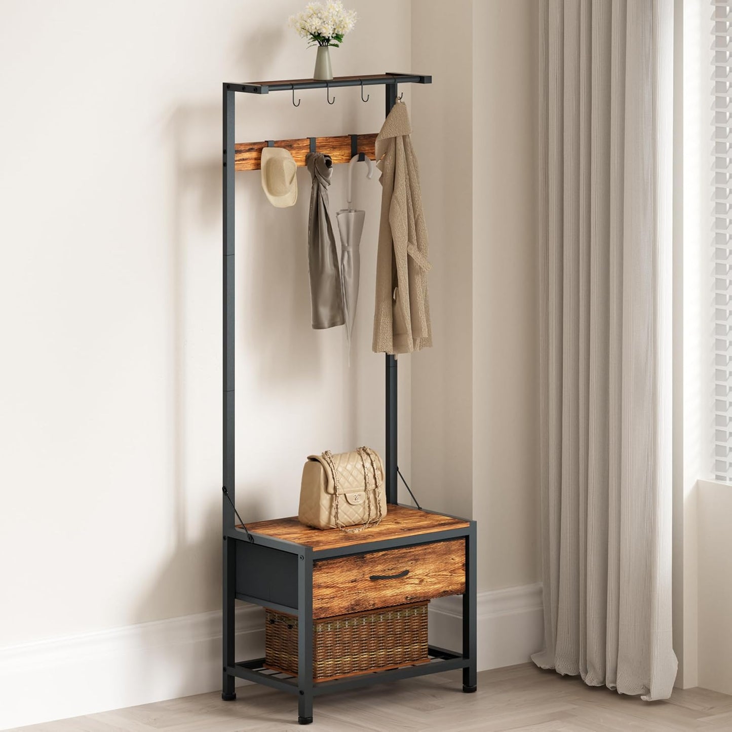 Hall Tree with Shoes Bench, Small Coat Rack with Fabirc Drawer and Shelf for Bedroom, 4-In-1 Entryway Organizer with Shoes Stool for Living Room, Entryway, Closets (Rustic Brown)