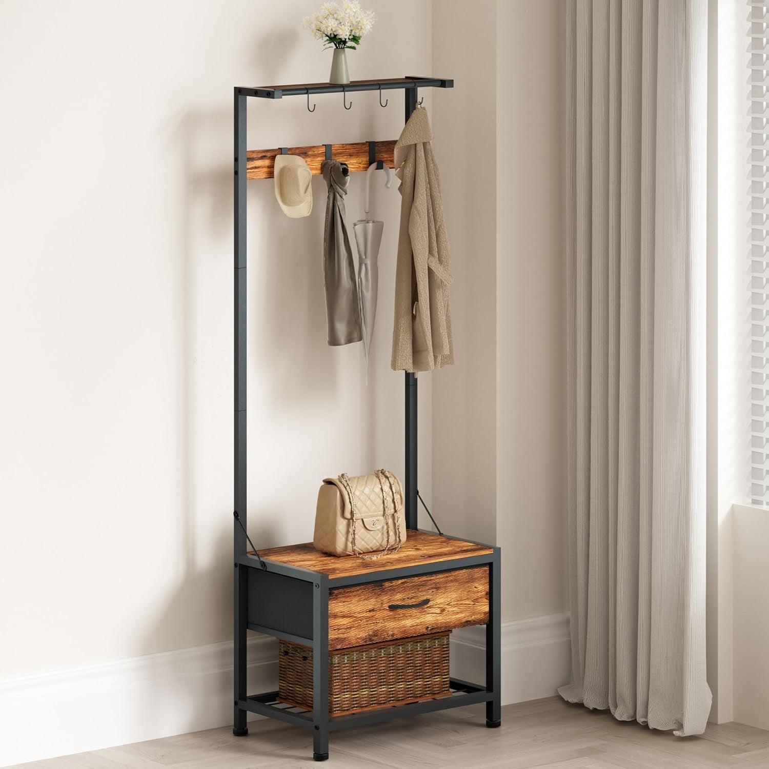 Hall Tree with Shoes Bench, Small Coat Rack with Fabirc Drawer and Shelf for Bedroom, 4-In-1 Entryway Organizer with Shoes Stool for Living Room, Entryway, Closets (Rustic Brown)