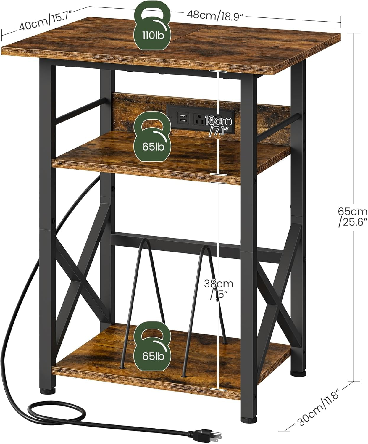 Record Player Stand with Power Outlet, Vinyl Record Storage Side Table, 19" Large Tabletop, Charging Station & Crossed Frame Design for Turntable, Rustic Brown and Black TBZ48UBF