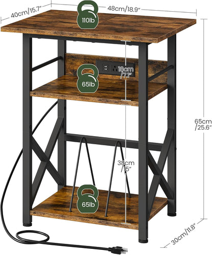 Record Player Stand with Power Outlet, Vinyl Record Storage Side Table, 19" Large Tabletop, Charging Station & Crossed Frame Design for Turntable, Rustic Brown and Black TBZ48UBF