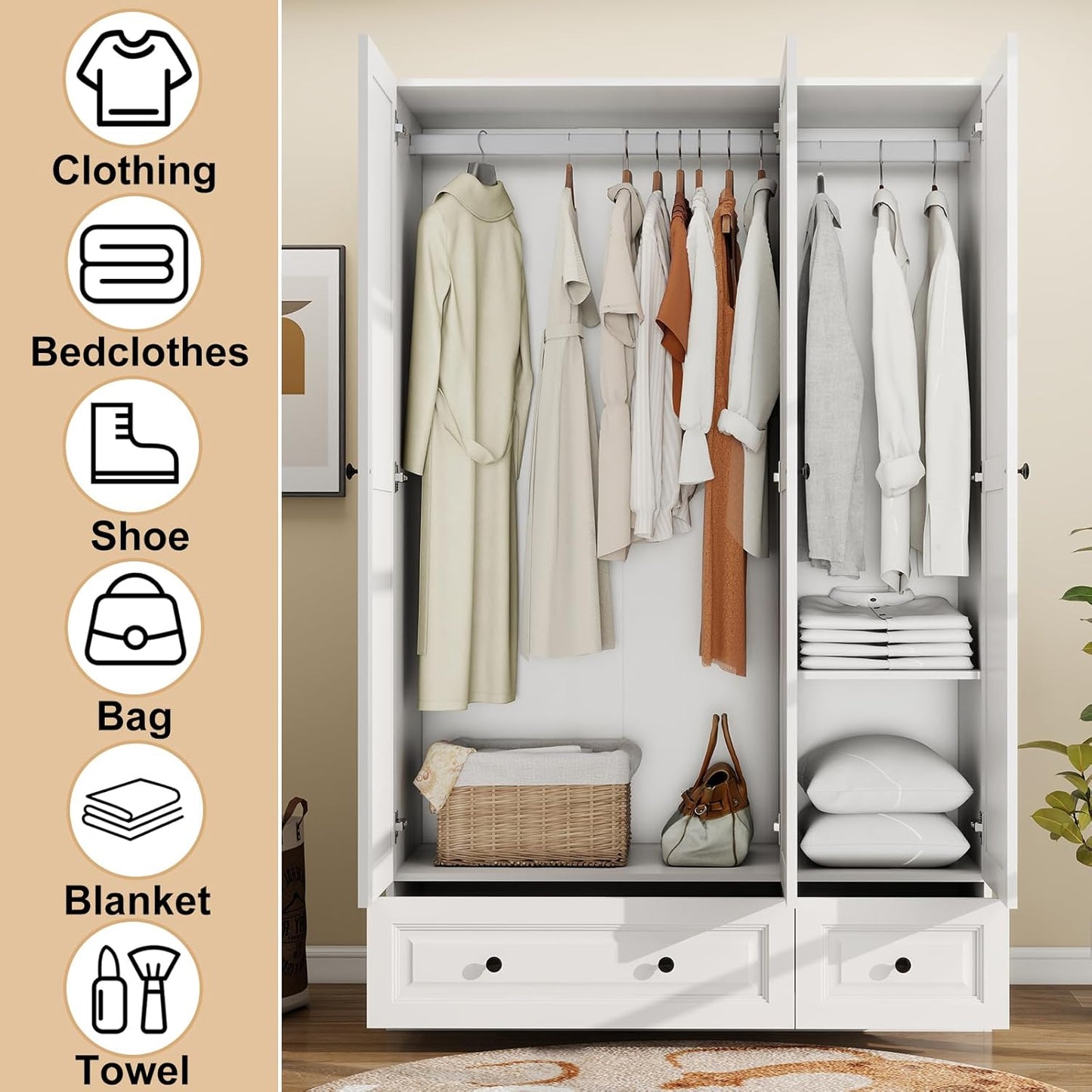 Armoire Wardrobe Closet with Drawers: 74" White Tall Wooden Wardrobe Closet for Hanging Clothes, Large Bedroom Armoires with 2 Drawers, 3 Door Armoire Storage Cabinet (White, 47")