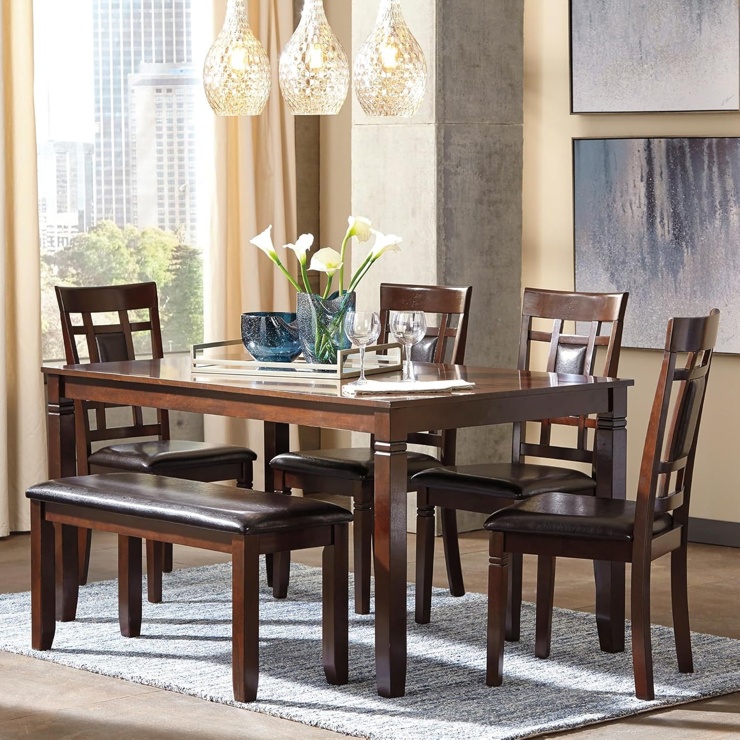 Bennox Dining Room Set, Includes Table, 4 18" Chairs & Bench, Brown