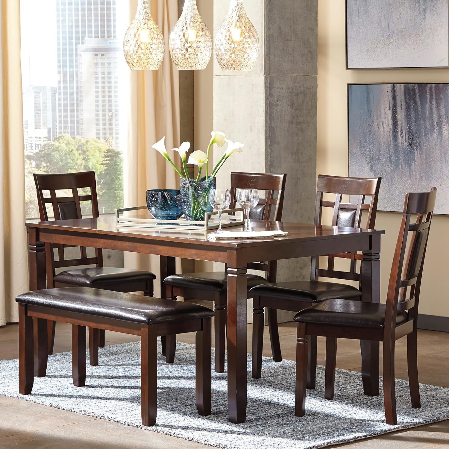 Bennox Dining Room Set, Includes Table, 4 18" Chairs & Bench, Brown