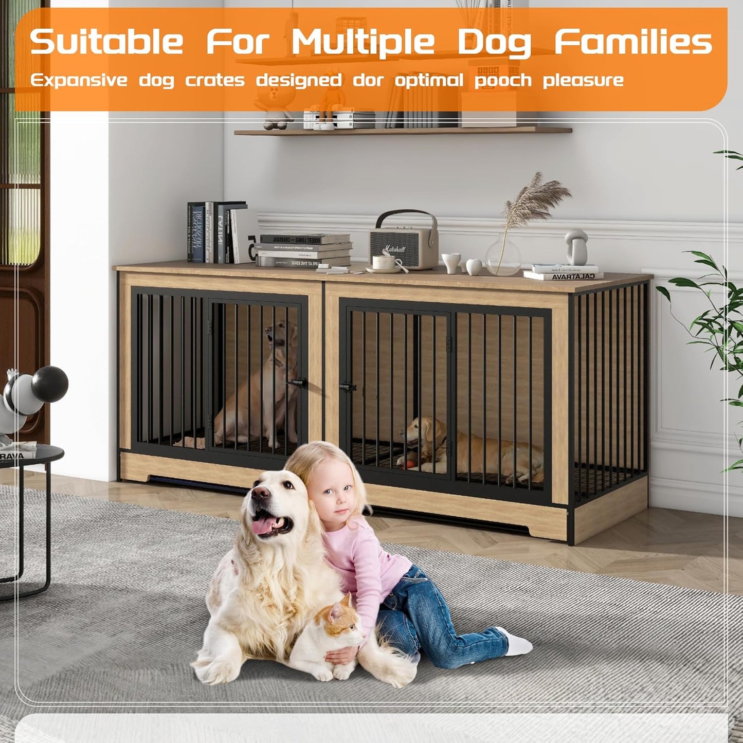 74.8" Large Dog Crate Furniture, Heavy Duty Dog Kennel House with 2 Removable Trays and Divider, Double Doors & Locks Design, Indoor Wooden Dog Crates TV Stand (Black+Natural, 74.80" L)