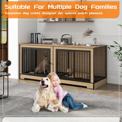 74.8" Large Dog Crate Furniture, Heavy Duty Dog Kennel House with 2 Removable Trays and Divider, Double Doors & Locks Design, Indoor Wooden Dog Crates TV Stand (Black+Natural, 74.80" L)