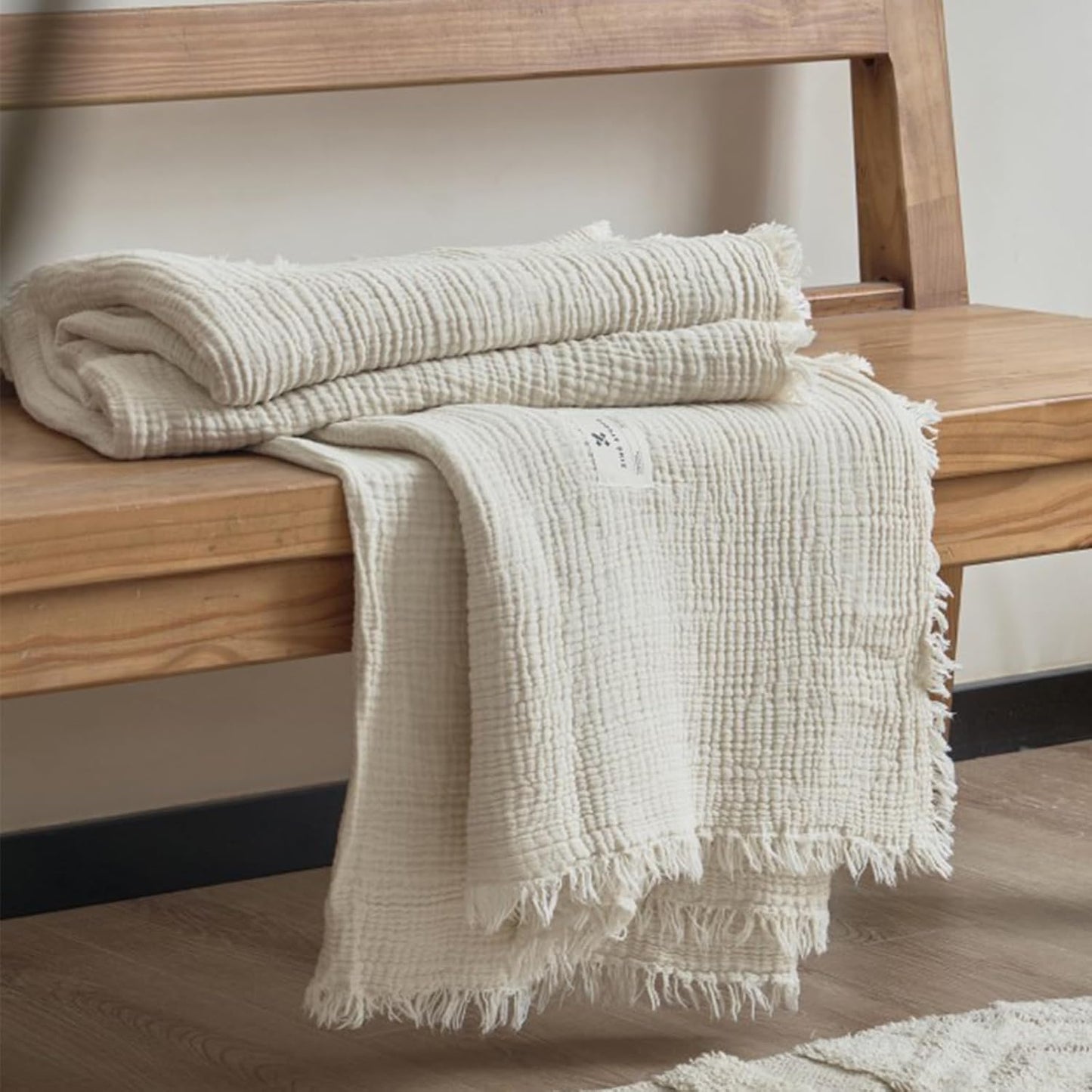 100% Cotton Muslin Throw Blanket with Fringes 50"X60", 4-Layer Cotton Gauze Blankets for Adults, Boho Bedding Breathable Lightweight Ultra-Soft for Couch Bed Sofa All Seasons, Linen Beige