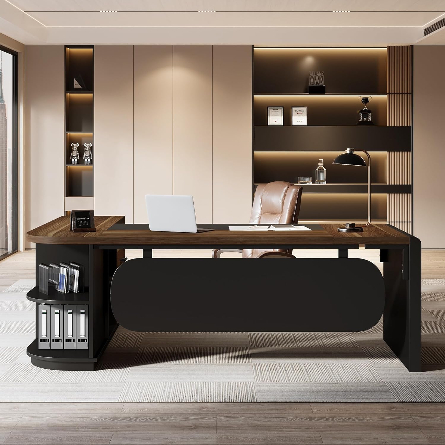 81-Inch L-Shaped Office Desk, Large Commercial Office Desk with Drawers and File Cabinet, Modern Professional Business Furniture Workstations with Storage Shelves, Brown & Black