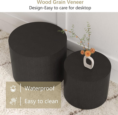 Nesting Coffee Table Set of 2, round Wood Black Coffee Tables Modern Circle Coffee Tables Side End Table for Small Spaces Living Room, Bedroom, Balcony, Office