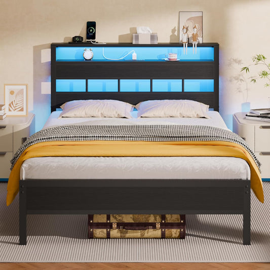 Full Size Bed Frame with LED Light and Charging Station, Wood Storage Headboard with 2-Tier Shelves, Metal Platform Bed with Heavy Duty Slats Support, No Box Spring Needed, Black Oak
