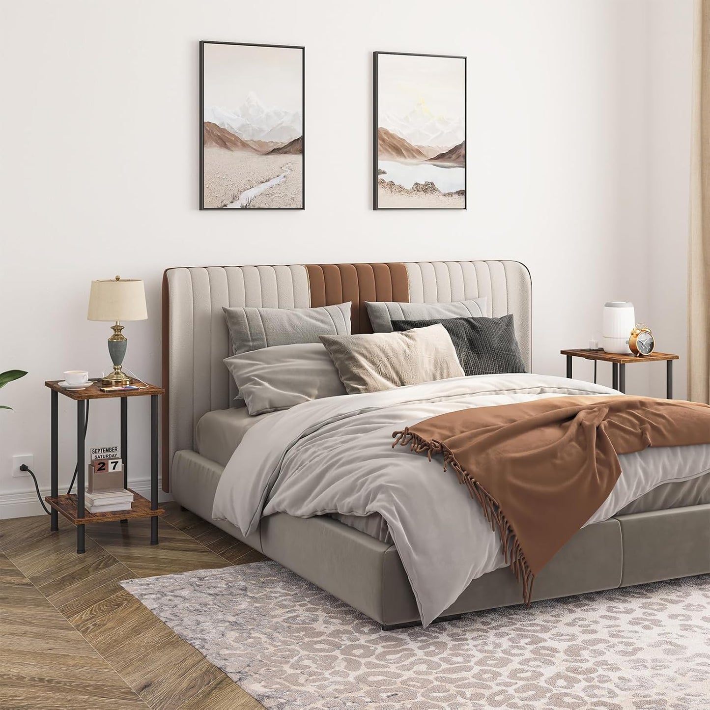 Side Table with Charging Station, End Table with USB Port and Outlet, Nightstand with 2-Layer Storage Shelves for Small Spaces, Living Room, Bedroom, Stable Frame, Rustic Brown BF09UBZ01