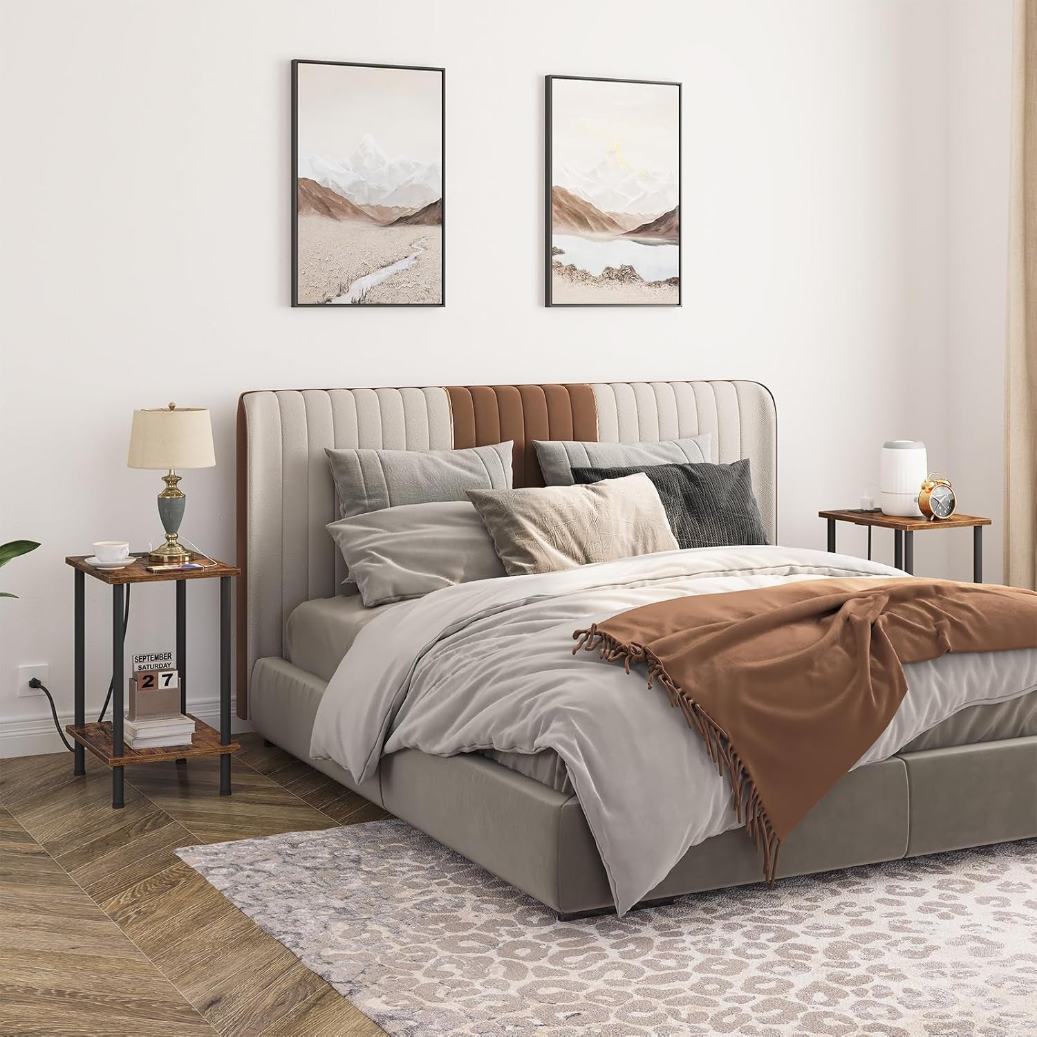 Side Table with Charging Station, End Table with USB Port and Outlet, Nightstand with 2-Layer Storage Shelves for Small Spaces, Living Room, Bedroom, Stable Frame, Rustic Brown BF09UBZ01