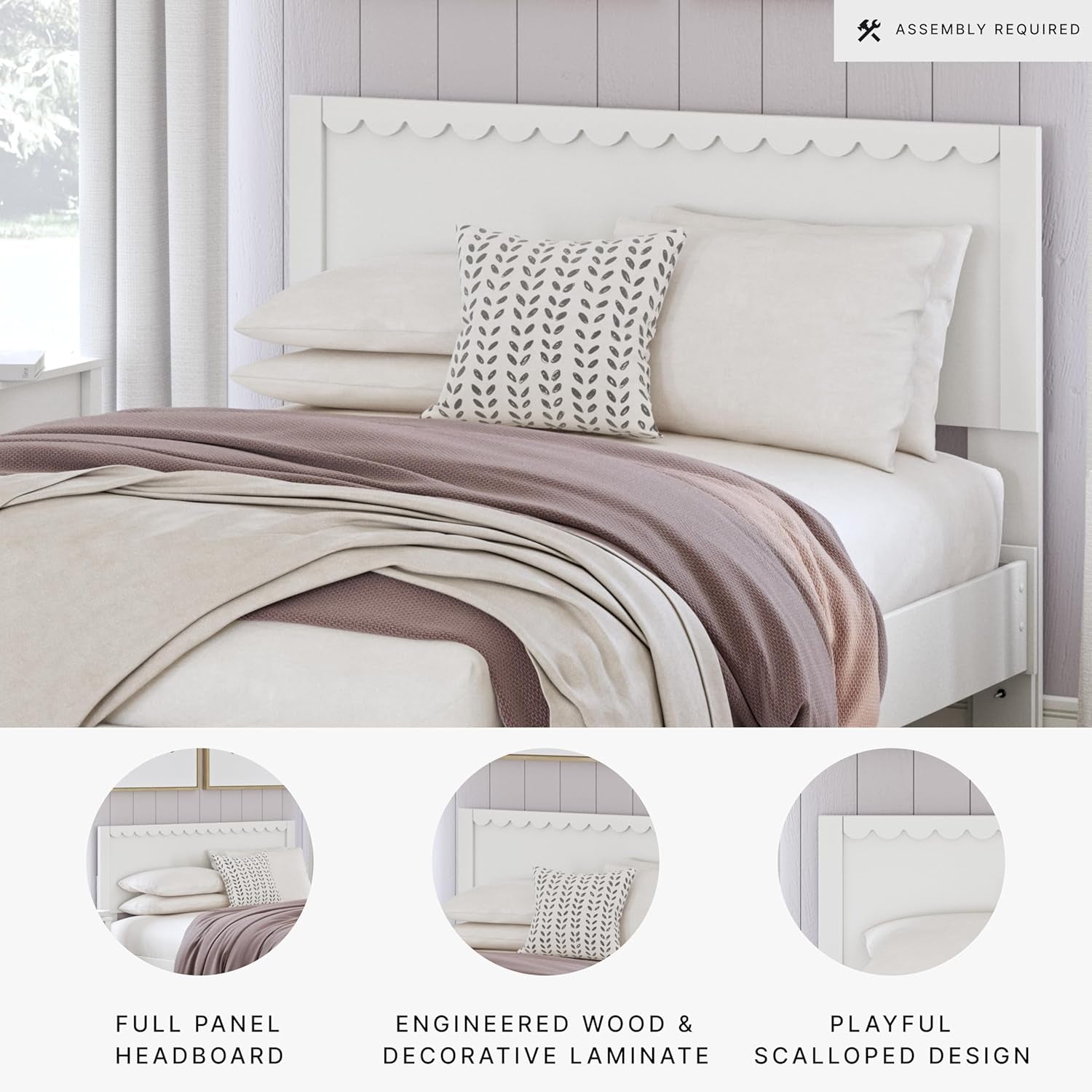 Signature Design by Ashley Hallityn Coastal Panel Headboard, Wood, Scallop Detail, Full, Headboard Attaches to Your Bed Frame (Not Included), Matte White Finish, (Headboard Only)