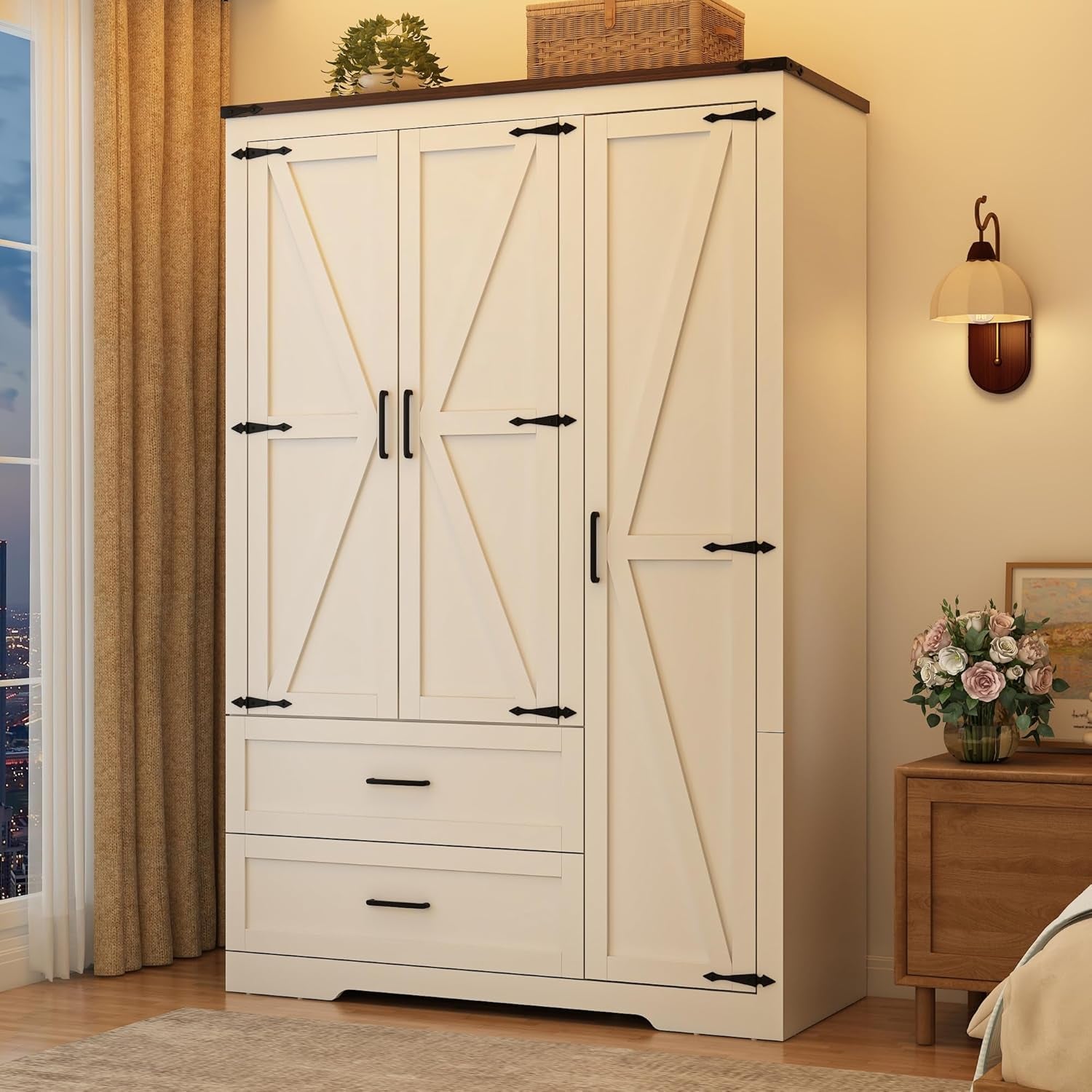 Farmhouse Wardrobe Armoire Closet with 3 Doors and 2 Drawers, 70.1" Wooden Clothing Storage Cabinet, Freestanding Large Capacity Storage Wardrobe Armoire with Hanging Rod for Bedroom, White