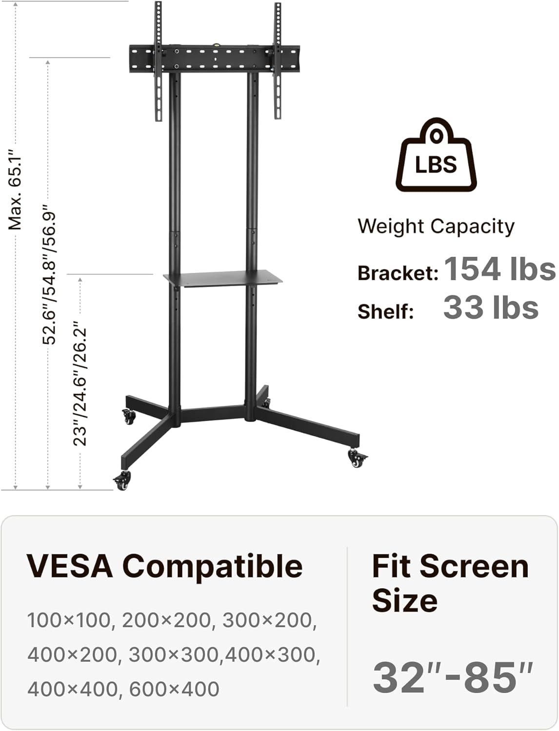 Heavy-Duty Rolling TV Stand for 32–85" Screens — Supports 187 Lbs (154 Lbs TV + 33 Lbs Shelf), Stable Mobile TV Cart with Shelf & Locking Wheels, Floor TV Stand, Max VESA 600X400, Black