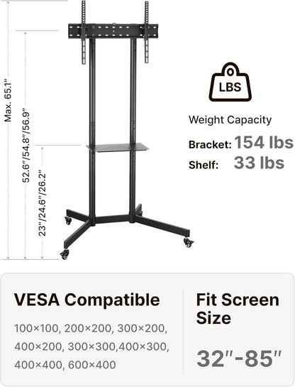 Heavy-Duty Rolling TV Stand for 32–85" Screens — Supports 187 Lbs (154 Lbs TV + 33 Lbs Shelf), Stable Mobile TV Cart with Shelf & Locking Wheels, Floor TV Stand, Max VESA 600X400, Black