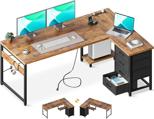 L Shaped Gaming Desk with 4 Drawers, 61" Reversible Home Office Desks with Power Outlets, L Shaped Computer Desk with USB Charging Port and Host Stand, Corner Desk, Easy to Assemble, Vintage