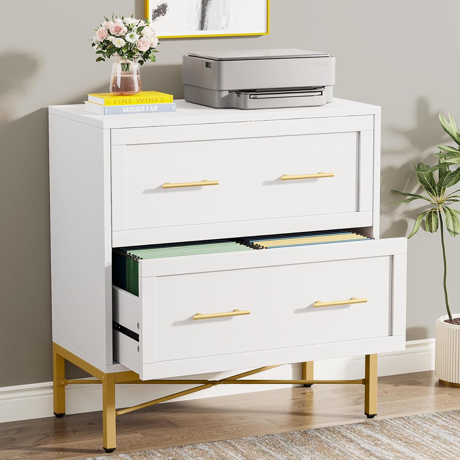 Modern White 2 Drawer File Cabinet, Lateral Filing Cabinet for Letter/Legal/A4 Size, Wood File Storage Cabinets Printer Stand with Storage for Home, Office, White and Gold
