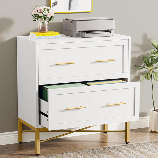 Modern White 2 Drawer File Cabinet, Lateral Filing Cabinet for Letter/Legal/A4 Size, Wood File Storage Cabinets Printer Stand with Storage for Home, Office, White and Gold